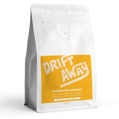 Coffee bag with 'Drift Away' branding on a white background