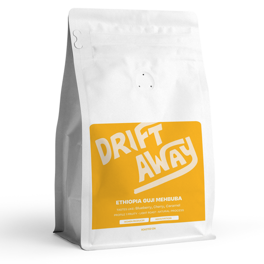 Coffee bag with 'Drift Away' branding on a white background